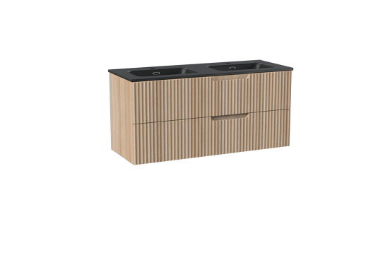 Linie Ribbo hängendes Möbelstück Set: 120 x 46 cm, Helle Eiche, mit Baro Doppelwaschtisch, Porzellan, Schwarz matt, Vertikale symmetrische runde Rippe