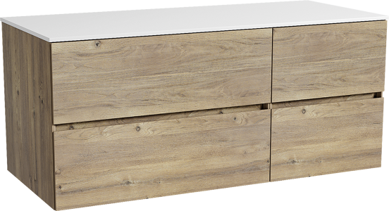 Storke Edge zwevend badmeubel 120 x 52 cm ruw eiken met Tavola enkel of dubbel wastafelblad in solid surface mat wit