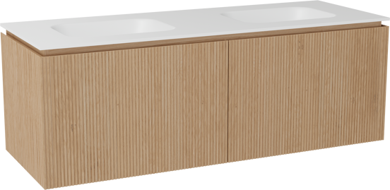 Balmani Eclips zwevend badkamermeubel 150 x 55 cm Natuur eik met Tablo Arcato dubbele wastafel in Solid Surface mat wit, Verticale symmetrische rechte ribbel