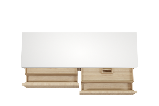 Balmani Forma hängendes Möbelstück Set: 180 x 55 cm, Naturbelassene Eiche, mit Dominus Einzel- oder Doppel Waschtischplatte, Solid Surface, Weiß matt, Vertikale asymmetrische Runde Rippe