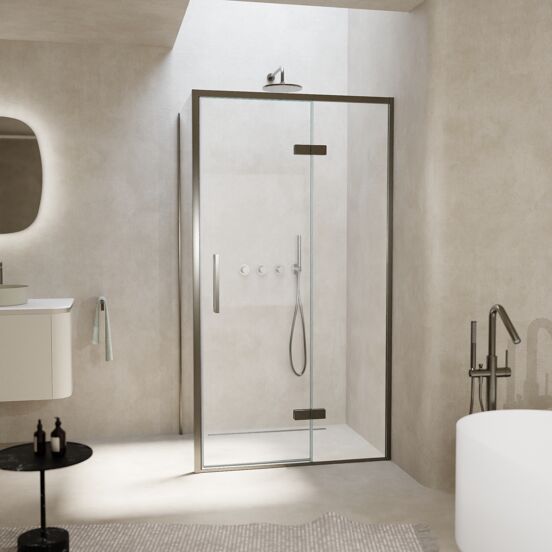 Balmani Senses Design douchehoek met rechtse draaideur en vaste zijwand, 100 x 100 cm, Helder glas, Brushed GunMetal profielen, met coating
