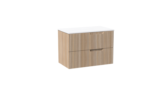 Linie Ribbo meuble salle de bains suspendu 80 x 46 cm chêne clair avec Lado tablette simple en marbre composite blanc brillant, Nervure circulaire symétrique verticale