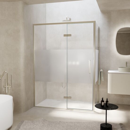 Balmani Senses Design douchehoek met linkse draaideur en vaste zijwand, 140 x 100 cm, Helder glas met matte strook, Brushed CoolMetal profielen, met coating