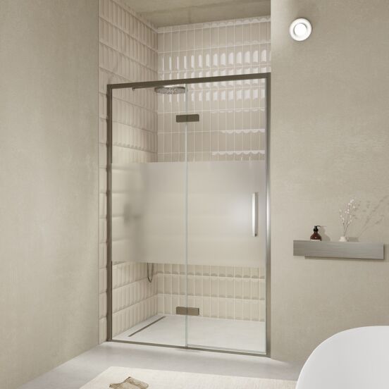 Balmani Senses Design douche draaideur links 140 cm x 210 cm Helder glas met matte strook, Brushed GunMetal profielen, met coating