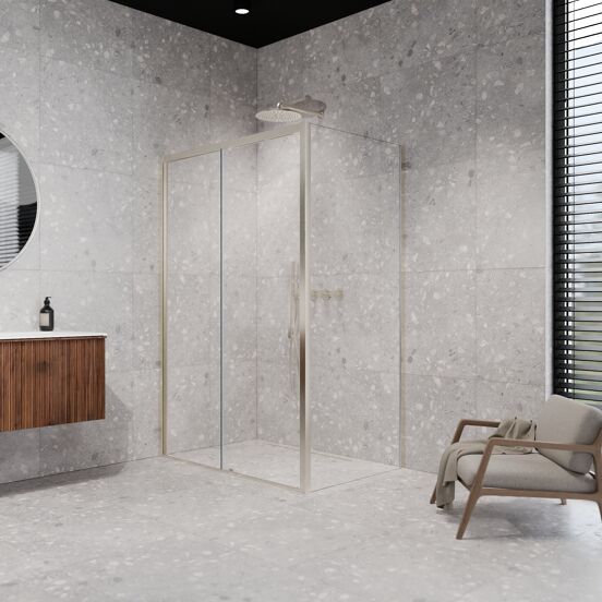 Balmani Senses Design douchehoek met linkse schuifdeur en vaste zijwand, 160 x 90 cm, Helder glas, Brushed CoolMetal profielen