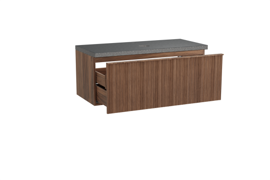 Balmani Forma hängendes Möbelstück Set: 120 x 55 cm, Amerikanischer Nussbaum, mit Rock Einzel Waschtischplatte, Granit, Schwarzes Granit, Vertikale asymmetrische Runde Rippe