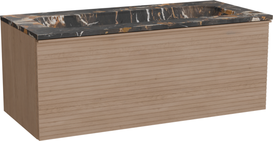 Balmani Forma zwevend badkamermeubel 120 x 55 cm natuur eik met Tablo Arcato enkele wastafel voor 2 kraangaten in marmer portoro gold, Horizontale symmetrische rechte ribbel
