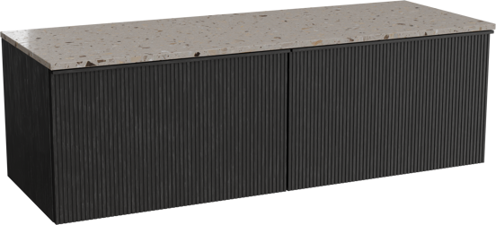 Balmani Forma hängendes Möbelstück Set: 150 x 55 cm, Schwarze Eiche, mit Stretto Einzel- oder Doppel Waschtischplatte, Terrazzo in Greige, Vertikale symmetrische gerade Rippe