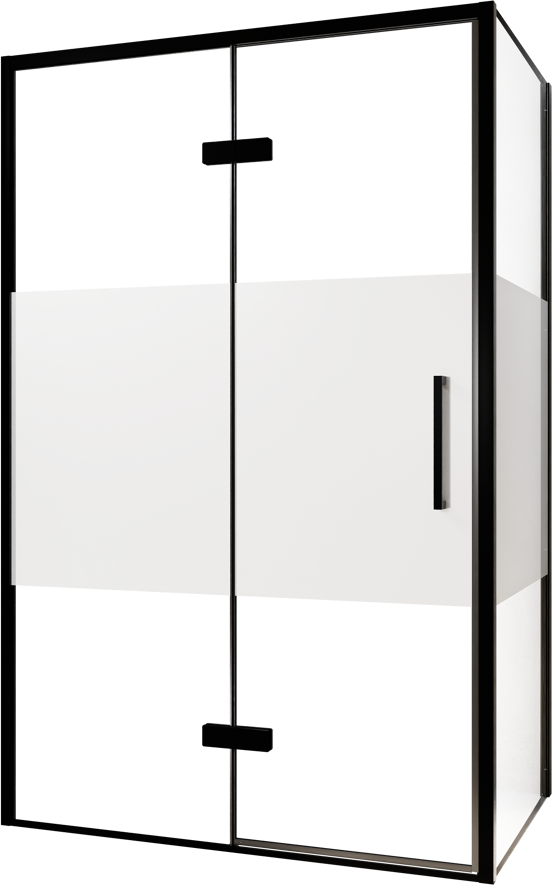 Balmani Senses Design douchehoek met linkse draaideur en vaste zijwand, 120 x 90 cm, Helder glas met matte strook, Zwarte profielen, met coating