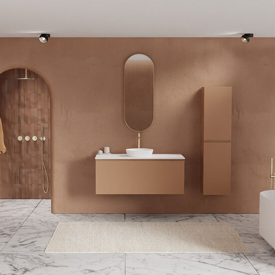 Balmani Sfera zwevend badkamermeubel 120 x 55 cm cotto met Stretto enkel of dubbel tablet in solid surface mat wit