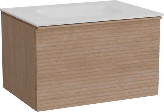 Balmani Forma zwevend badkamermeubel 75 x 55 cm natuur eik met Tablo Arcato enkele wastafel in solid surface mat wit, Horizontale symmetrische rechte ribbel