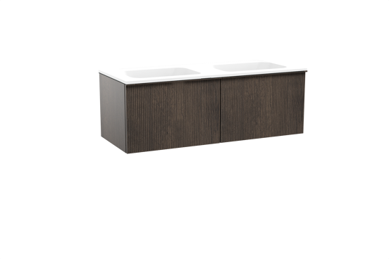 Balmani Forma meuble salle de bains suspendu 135 x 55 cm chêne fumé avec Tablo Strada double vasque en marbre composite blanc mat, Nervure droite symétrique verticale