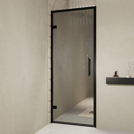 Balmani Senses Design douche draaideur links 90 cm x 210 cm Reflex spiegelglas, Zwarte profielen, met coating