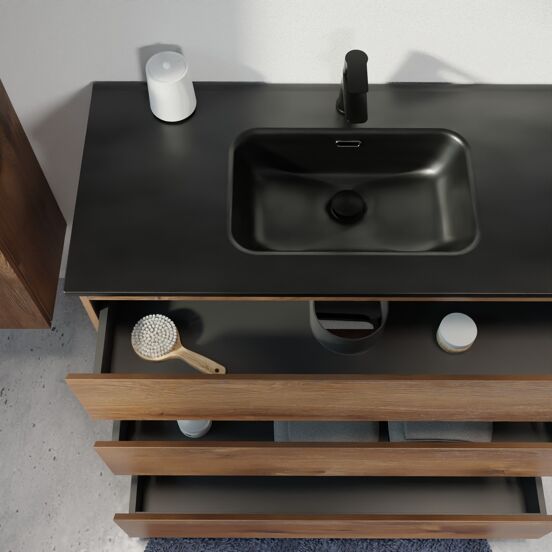 Linie Lado staand badmeubel 80 x 46 cm bruin eiken met Baro enkele wastafel in porselein mat zwart