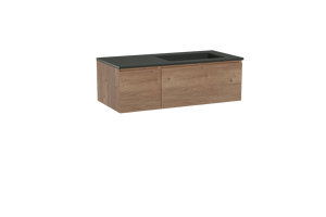 Storke Edge zwevend badkamermeubel 110 x 52 cm ruwe eik met Scuro asymmetrisch rechtse wastafel in kwarts mat zwart