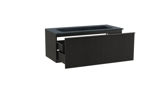 Balmani Forma meuble salle de bains suspendu 120 x 55 cm chêne noir avec Tablo Strada lavabo simple pour 2 trous de robinet en marbre composite noir mat, Nervure droite symétrique verticale