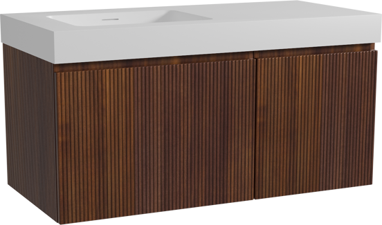 Storke Ribs hängendes Möbelstück Set: 110 x 52 cm, Nussbaum, mit Mata High Waschtisch links, Solid Surface, Weiß matt, Vertikale symmetrische gerade Rippe