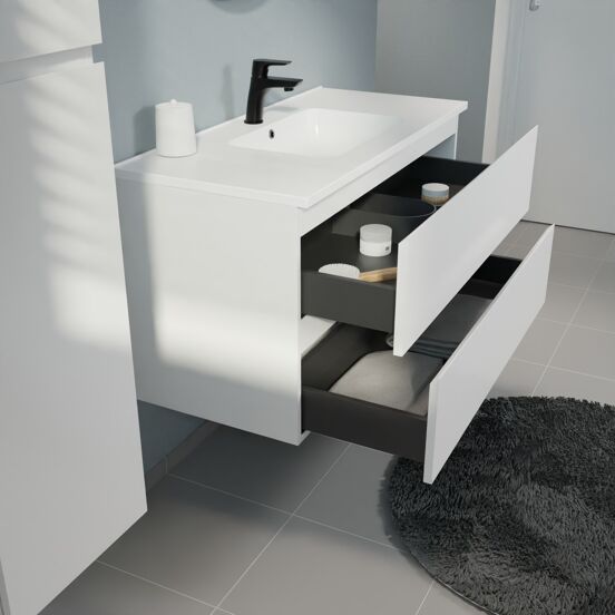 Linie Lado meuble salle de bains suspendu 100 x 46 cm blanc mat avec Vano plan simple en marbre composite blanc mat