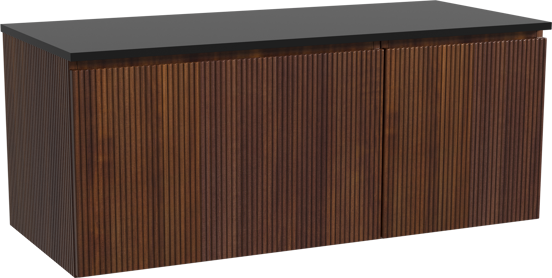 Storke Ribs zwevend badmeubel 120 x 52 cm notenhout met Panton enkel of dubbel wastafelblad in gepoedercoate mdf mat zwart, Verticale symmetrische rechte ribbel
