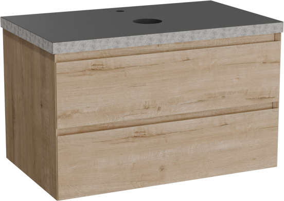 Balmani Mitra hängendes Möbelstück Set: 90 x 55 cm, Rohe Eiche, mit Rock Einzel Waschtischplatte, Schwarzes Granit