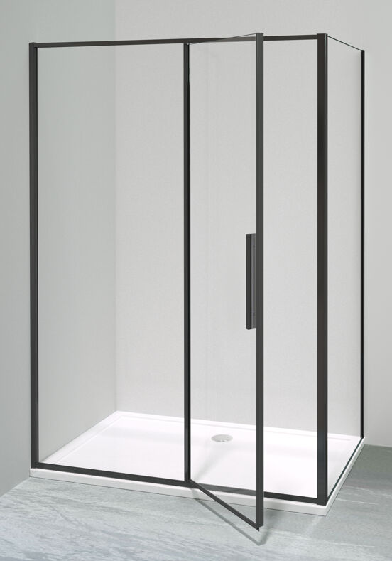 Luca Varess Morano Eckdusche: Drehtür, 90 x 140 cm, Klarglas, mattschwarzes Profil