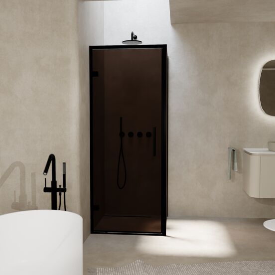Balmani Senses Design douchehoek met linkse draaideur en vaste zijwand, 90 x 100 cm, Brons, Zwarte profielen, met coating