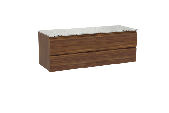 Balmani Lucida zwevend badkamermeubel 150 x 55 cm amerikaanse notelaar met Stretto enkel of dubbel tablet in mat wit/zwart terrazzo
