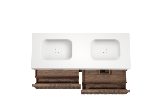 Balmani Forma meuble salle de bains suspendu 150 x 55 cm noyer américain avec Arcato double vasque en solid surface blanc mat, Nervure droite symétrique verticale