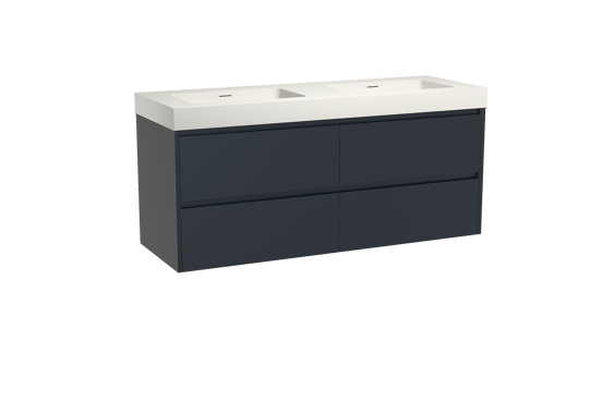 Storke Seda zwevend badmeubel 150 x 52 cm nachtblauw met Mata High dubbele wastafel in solid surface mat wit