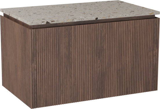 Balmani Eclips meuble salle de bains suspendu 90 x 55 cm Noyer américain avec Stretto tablette simple en Terrazzo greige, Nervure droite symétrique verticale