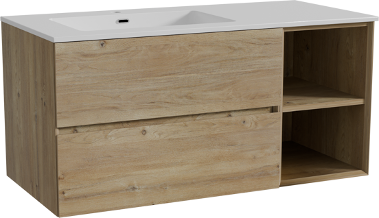 Storke Edge zwevend badmeubel 110 x 52 cm ruw eiken met Diva asymmetrisch linkse wastafel in composietmarmer hoogglans wit