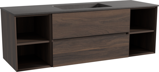 Storke Edge zwevend badmeubel 155 x 52 cm notenhout met Scuro enkele wastafel in kwarts mat zwart