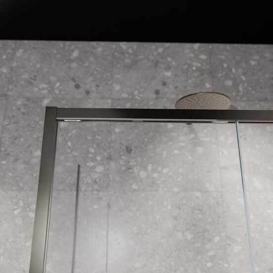 Balmani Senses Design douchehoek met rechtse schuifdeur en vaste zijwand, 120 x 90 cm, Helder glas met matte strook, Brushed GunMetal profielen