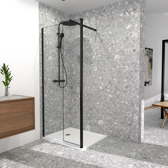 Balmani Move douche à l'italienne avec panneau latéral pivotant 90 x 200 cm verre transparent profil noir mat