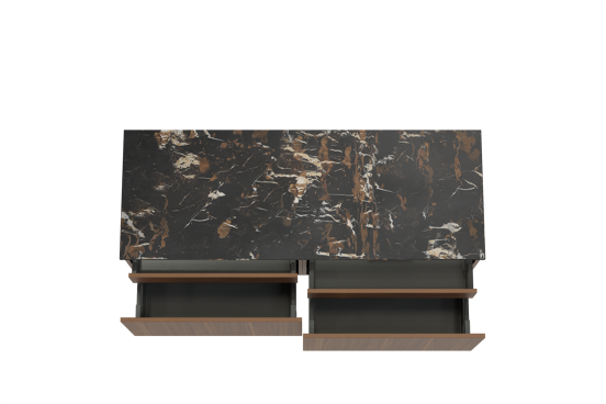 Balmani Sfera hängendes Möbelstück Set: 150 x 55 cm, Amerikanischer Nussbaum, mit Stretto Einzel- oder Doppel Waschtischplatte, Marmor Portoro Gold