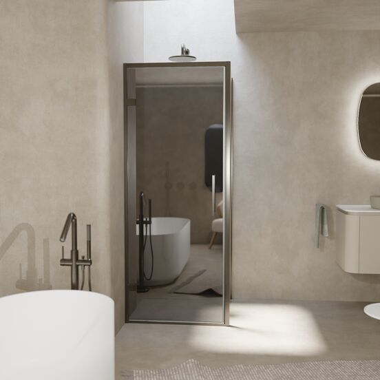 Balmani Senses Design douchehoek met linkse draaideur en vaste zijwand, 90 x 100 cm, Reflex spiegelglas, Brushed GunMetal profielen