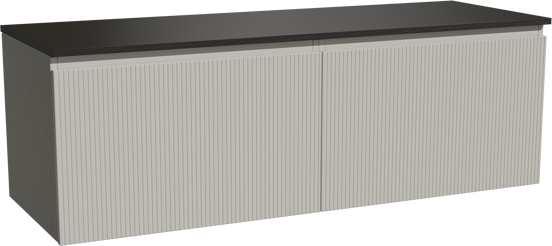 Storke Ribs zwevend badmeubel 150 x 52 cm zijdegrijs met Panton enkel of dubbel wastafelblad in gepoedercoate mdf mat zwart, Verticale symmetrische rechte ribbel