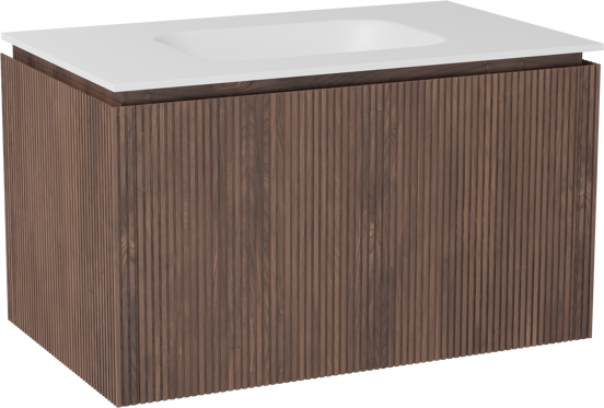 Balmani Eclips zwevend badkamermeubel 90 x 55 cm Amerikaanse notelaar met Tablo Arcato enkele wastafel in Solid Surface mat wit, Verticale symmetrische rechte ribbel