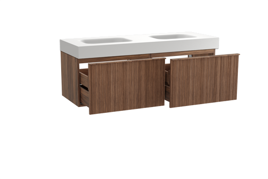 Balmani Forma zwevend badkamermeubel 150 x 55 cm amerikaanse notelaar met Arcato dubbele wastafel in solid surface mat wit, Verticale asymmetrische ronde ribbel