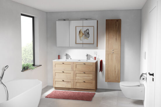 Linie Classo meuble salle de bains à poser 120 x 46 cm chêne naturel avec Vano double vasque en marbre composite blanc brillant