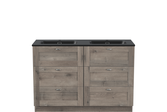 Linie Classo freistehendes Möbelstück Set: 120 x 46 cm, Graue Eiche, mit Baro Doppelwaschtisch, Porzellan Schwarz matt