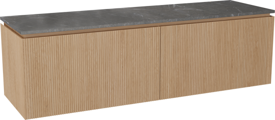Balmani Eclips zwevend badkamermeubel 180 x 55 cm Natuur eik met Stretto enkel of dubbel tablet in Pietra Grey marmer, Verticale symmetrische rechte ribbel