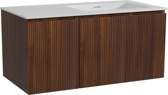 Storke Ribs zwevend badkamermeubel 100 x 52 cm notelaar met Mata asymmetrisch rechtse wastafel in solid surface mat wit, Verticale symmetrische rechte ribbel