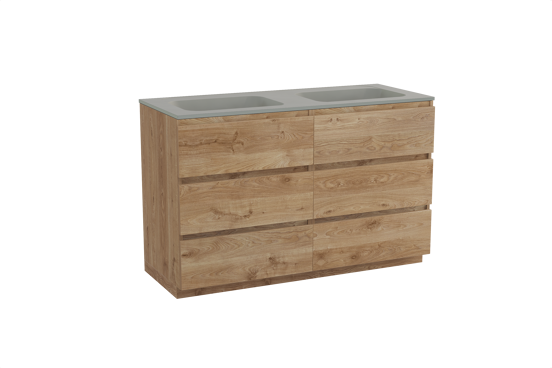 Balmani Lucida staand badkamermeubel 135 x 55 cm ruwe eik met Tablo Strada dubbele wastafel in composietmarmer zijdegrijs