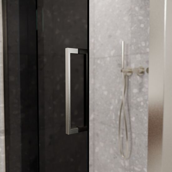 Balmani Senses Design douchehoek met linkse schuifdeur en vaste zijwand, 120 x 100 cm, Rookglas, Brushed CoolMetal profielen, met coating