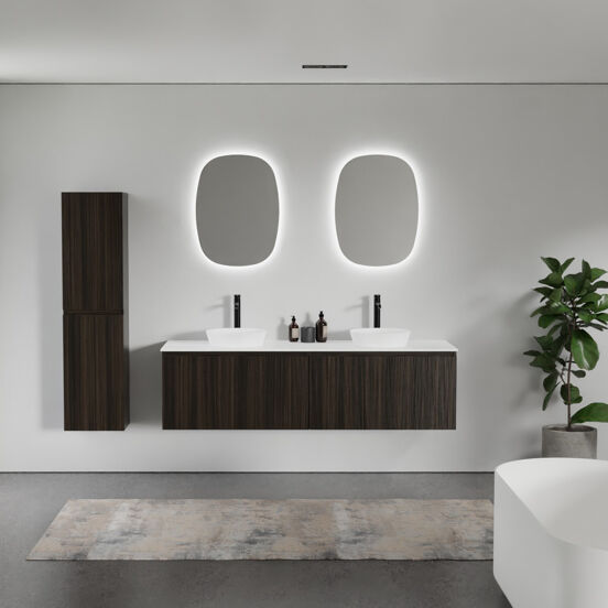 Balmani Sfera hängendes Möbelstück Set: 180 x 55 cm, Eucalyptus, mit Stretto Einzel- oder Doppel Waschtischplatte, Solid Surface Weiß matt