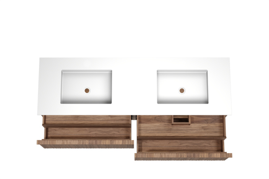 Balmani Forma meuble salle de bains suspendu 180 x 55 cm noyer américain avec Tablo Stretto double vasque en solid surface blanc mat, Nervure circulaire asymétrique verticale