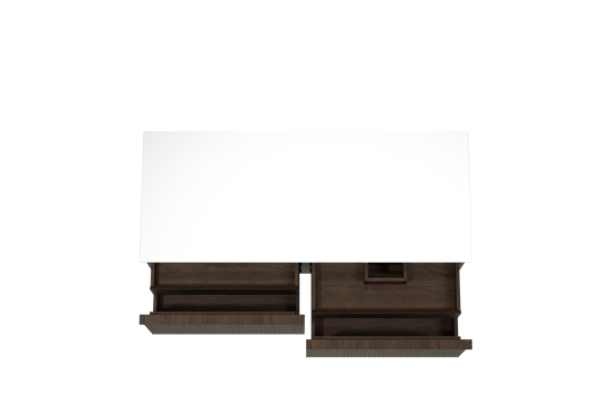 Balmani Forma hängendes Möbelstück Set: 135 x 55 cm, Geräucherte Eiche, mit Stretto Einzel- oder Doppel Waschtischplatte, Solid Surface, Weiß matt, Vertikale symmetrische gerade Rippe