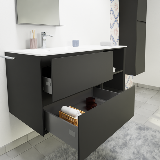 Storke Edge meuble salle de bains suspendu 110 x 52 cm noir mat avec Scuro High plan vasque asymétrique à gauche en quartz noir mat