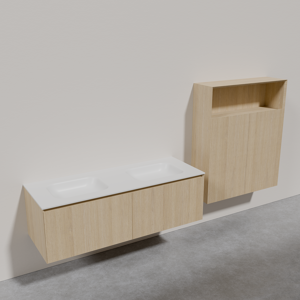 Balmani Fila zwevend badkamermeubel 150 x 55 cm fineer naturel eiken met Tablo Arcato wastafel in Solid Surface mat wit en Fila badkamerkast